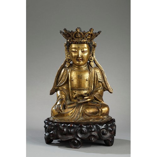 Figure of Bodhisattva  Gold bronze and sitting in padmasana  the hands in bhumisparsa mudra 